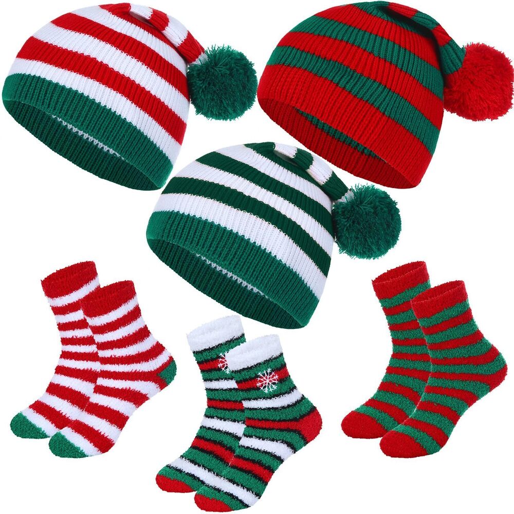 2436 6 Pcs Christmas Hats and Socks Knitted Santa Hats Christmas Fuzzy